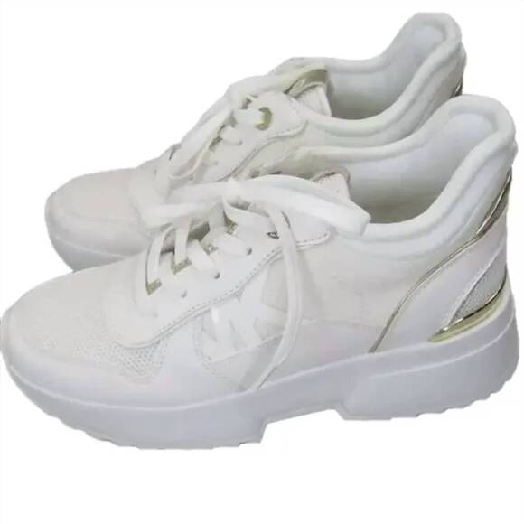 NEW MICHAEL KORS women's mush mesh cushion logo comfort sneakers in white gold